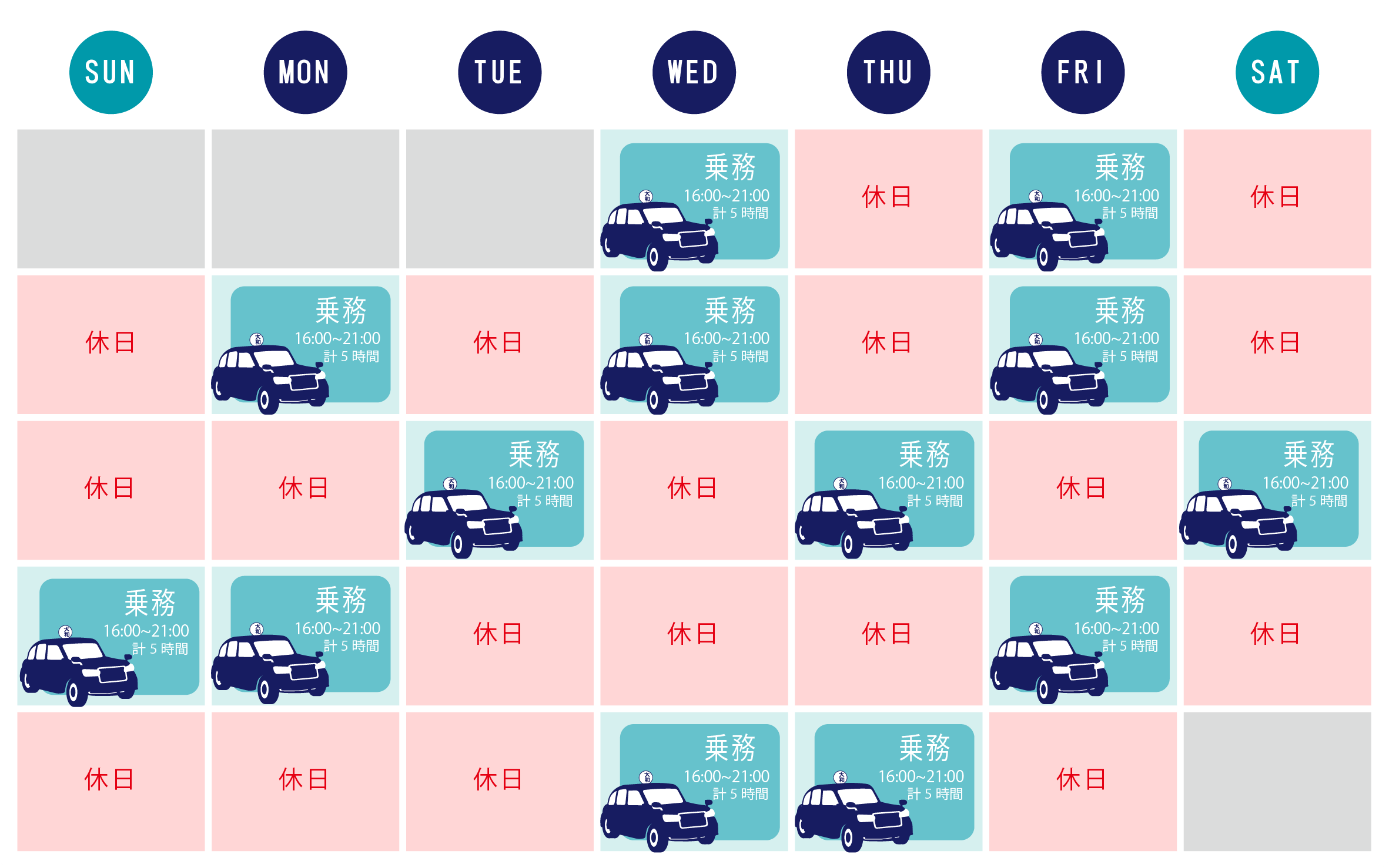 タクシー乗務員の1カ月カレンダー