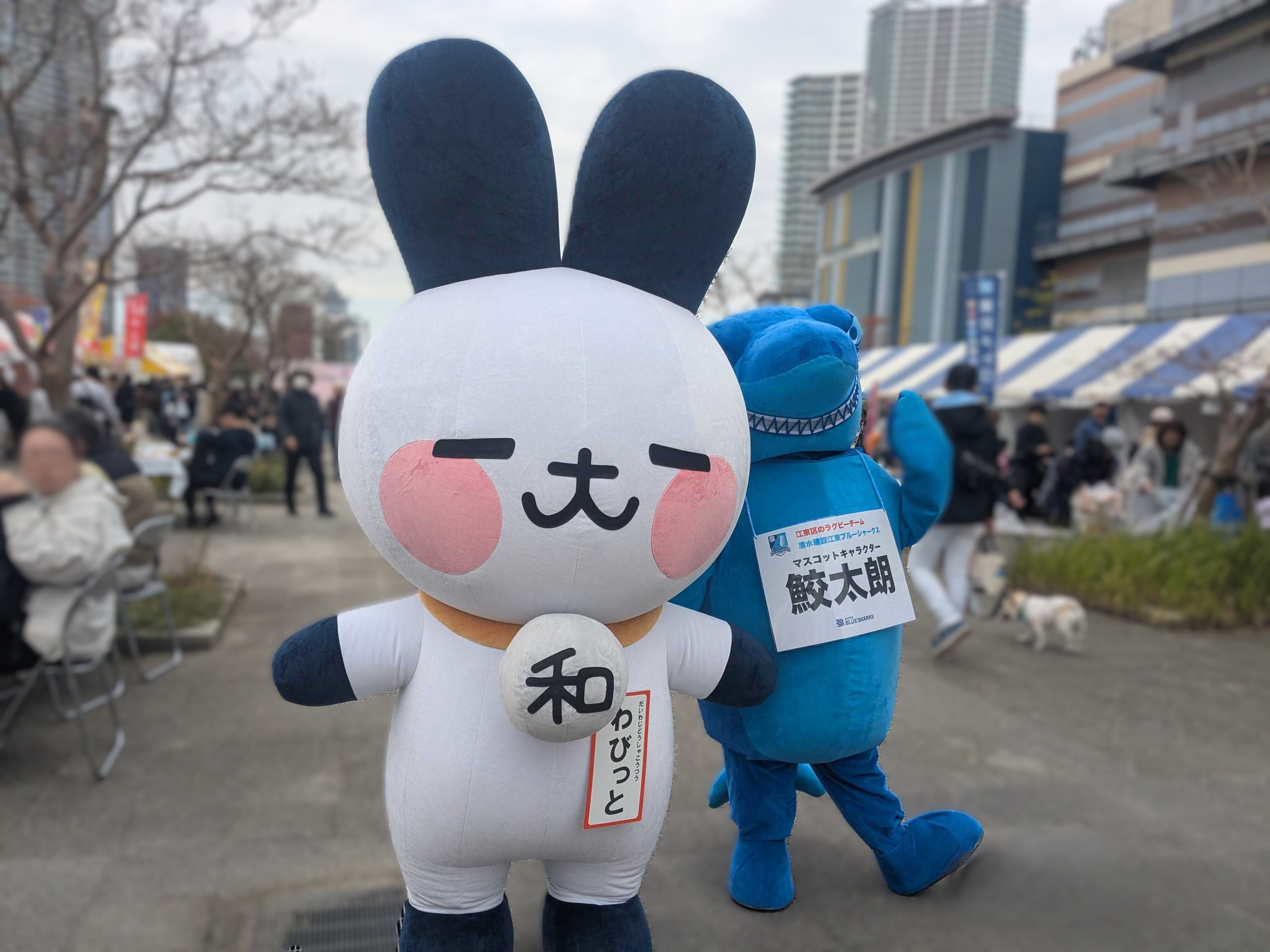 大和自動車交通マスコットキャラクターの「わびっと」と清水建設江東BlueSharksの「鮫太郎」さんとの初共演
